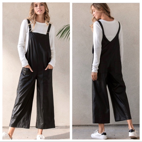 ShopEvelynne Pants - Retro Most Fabulous Faux Leather Wide-Leg Jumpsuit